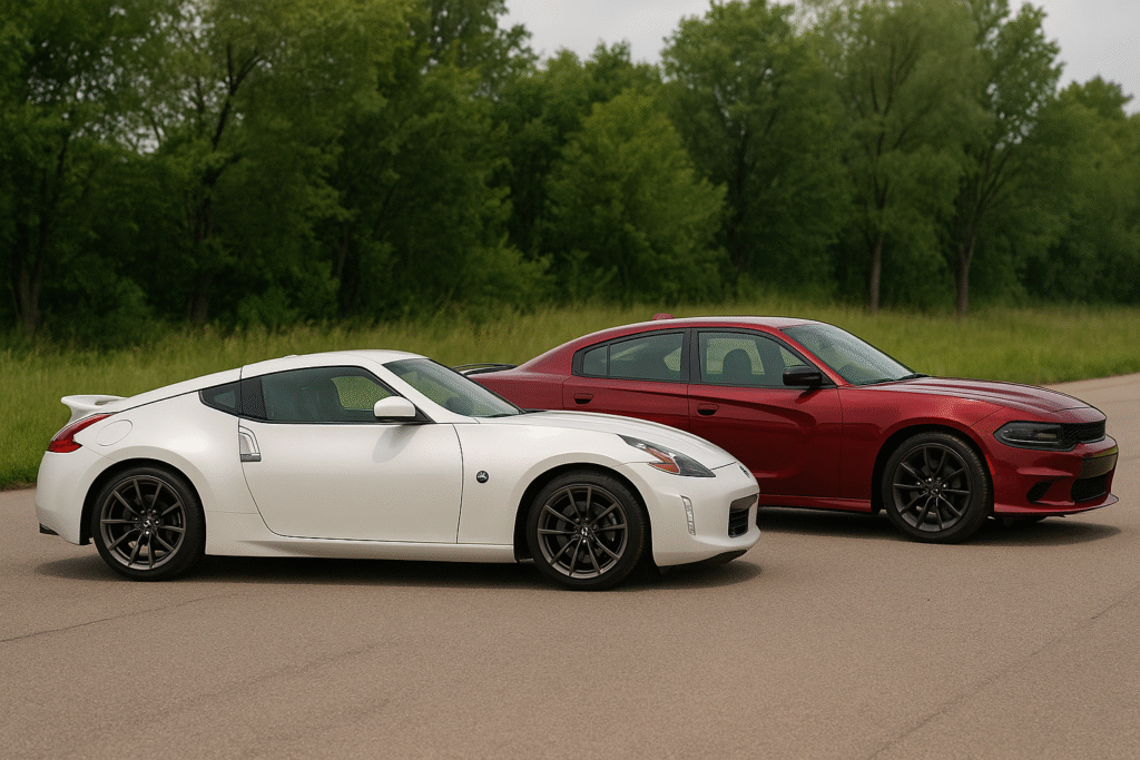 carros esportivos Nissan 370Z e Dodge Charger.